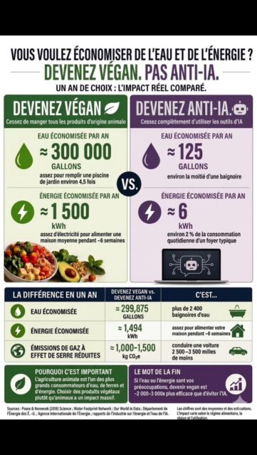Faut voir le tout-venant s’étouffer le palpitant parce que les serveurs pour l’IA pomperaient un peu trop de jus. Ah, misère ! Le robot nous siphonne la flotte !

C’est l’indignation sur canapé, le grand frisson de la vertu à bon compte.

Mais ​dis donc, faudrait voir à pas confondre le ventilateur et l'ouragan. Ça fait un siècle, un bon siècle bien tassé, que l’homo sapiens bâfre à s’en faire péter la sous-ventrière.

On roule en paquebot sur bitume, on change de costard trois fois par saison, on s'enfile du steak à s'en boucher les artères, et tout ça en rasant la planète façon pelouse en plastique et cimetière de béton. Là, curieusement, y avait pas de commission d'enquête. C'était le progrès, hein?

​Mais aujourd’hui, l'ennemi public numéro un, c'est l'ordinateur qui réfléchit. Bah voyons ! C’est quand même plus confortable de faire le procès d'un algorithme que de regarder ce qu'on a dans son assiette.

​Jetez un œil sur l'infographie (c'est sourcé 😉), les chiffres y sont nets comme une ordonnance de médecin légiste.

Couper le sifflet à l'IA pour sauver la banquise, c’est comme pisser dans un violon pour éteindre un incendie de forêt.

La vraie bascule, elle est dans le carré vert : lever le pied sur la bidoche et les grosses cylindrées. Le reste, c'est de la littérature pour patronage.

​Les donneurs de leçons ont souvent les mains blanches, mais c'est parce qu'ils ne les mettent jamais dans le cambouis.

Alors avant de refaire le monde derrière ton écran, commence donc par balayer ta cuisine.

​#Hypocrisie #Ecologie #Priorités #IA #ChangementClimatique